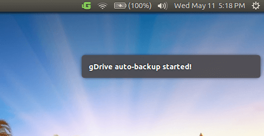 notify-send notification bubble during the backup process showing the text 'gDrive auto-backup started!'